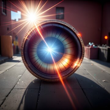 Sunlit Camera Lens in Urban Alley with Dramatic Lens Flares