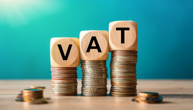 vat concept wooden blocks spelling out vat stand atop stacks of coins representing the financial concept of value added tax and its economic impact