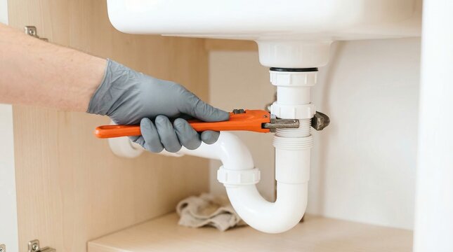 Gloved hand tightening sink drain pipe with wrench under kitchen cabinet. Plumbing maintenance and home repair. Pipe fitting and leak prevention. DIY household renovation.