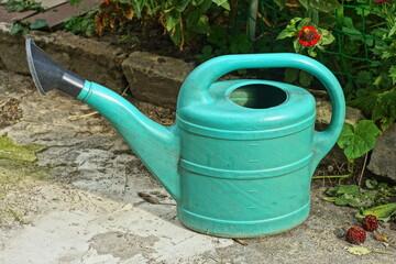 A green new plastic watering can with a long spout is standing in the garden near a stone flower bed. Flowers and greenery grow nearby, fallen leaves lie around, creating an atmosphere of plant care © FEDOR