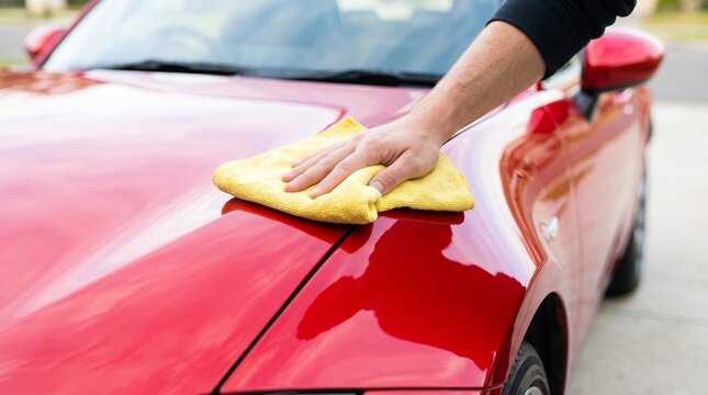 Hand wiping a red car with microfiber cloth during exterior cleaning. Automotive care and vehicle maintenance. Car detailing and paintwork polishing. Routine vehicle cleaning and upkeep.