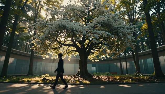 Silhouette of Man Walking Under Blooming Magnolia Tree in Sunny Urban Park
