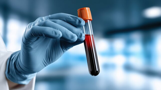 Laboratory technician wearing blue gloves holding a blood sample in a test tube with orange cap in a clinical environment background