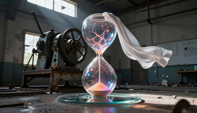 Glowing Neural Hourglass in Abandoned Factory Setting