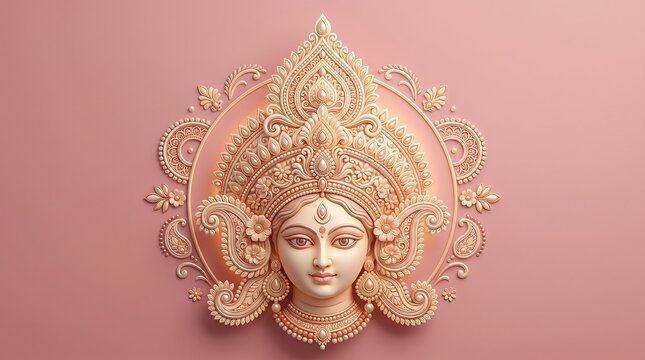 Beautiful decorative golden face of goddess durga isolated on a soft pink background for festive celebration