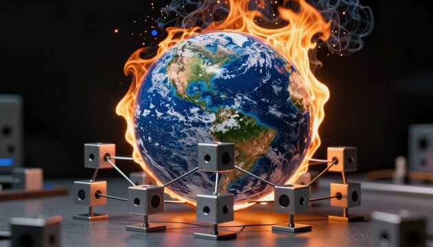 Flaming Earth Globe with Networked Technology Cubes