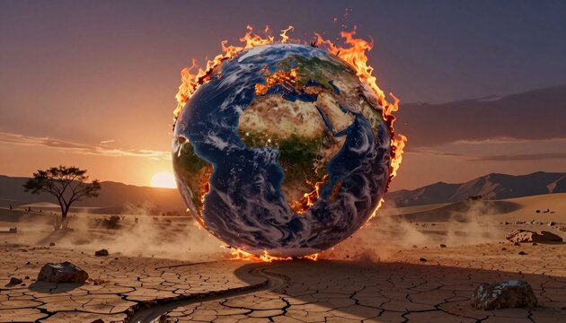 Burning Earth Globe in Arid Desert Sunset