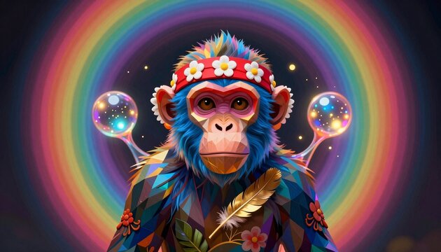 Vibrant Stylized Monkey with Rainbow Halo and Glowing Bubbles