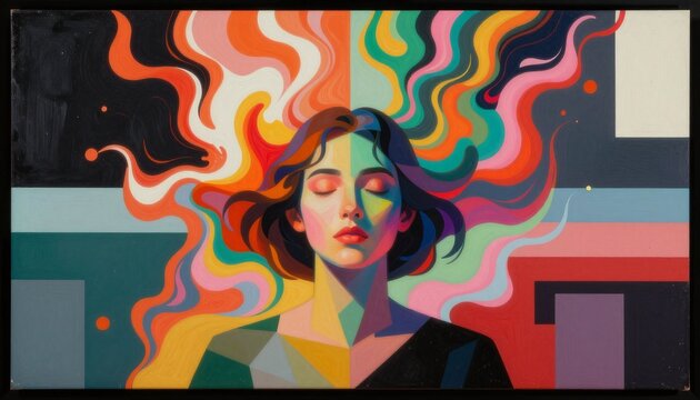 Colorful Abstract Portrait of a Woman with Split-Halves and Flowing Hair