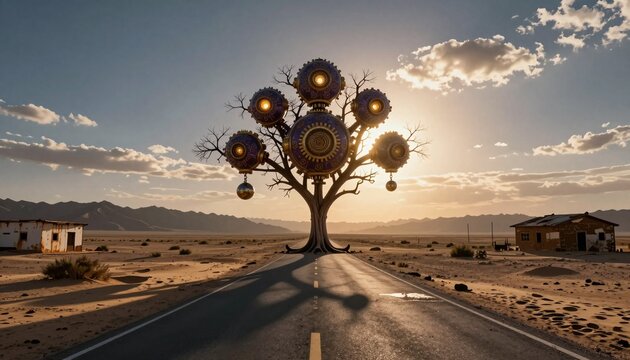 Surreal Mechanical Tree in Desert Sunset Landscape