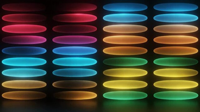 Glowing colorful oval lights flashing in vertical rows against a dark background for futuristic motion video