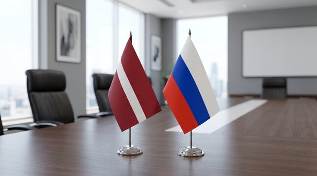 Latvian and Russian flags displayed on a conference table in a meeting room. International relations and diplomacy. Bilateral talks, global business and geopolitics. Government negotiation