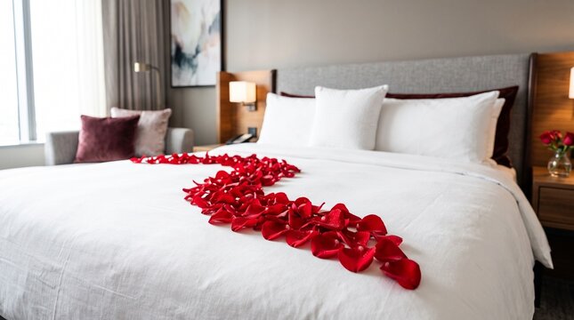 Romantic hotel room with red rose petals on a white bed
