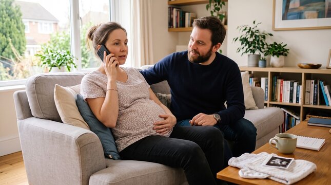 pregnant woman sitting on a sofa at home talking on a smartphone while her husband sits beside her and supports her, with an ultrasound photo and baby clothes on the coffee table