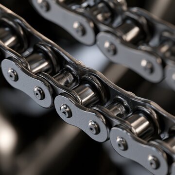 Detailed view of a metal roller chain mechanism showing the interconnected links and cylindrical rollers in industrial machinery applications