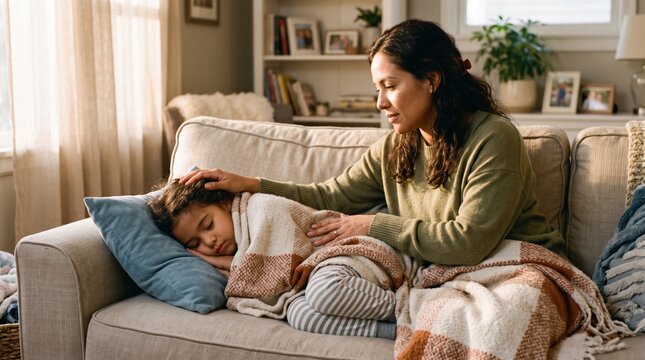 caring mother gently comforting her sick sleeping child resting on a sofa under a warm blanket at home