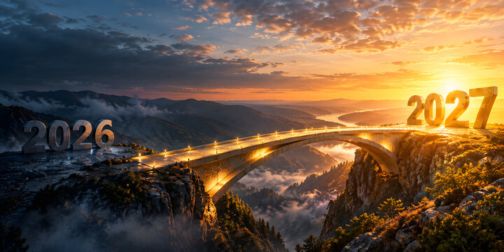 Photorealistic New Year 2027 concept with a glowing bridge connecting 2026 to 2027, dramatic night-to-sunrise landscape, symbolizing transition, progress and a fresh beginning.
