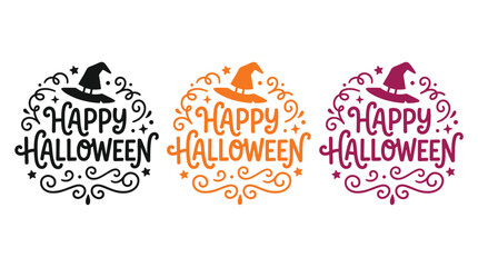 Set of three circular decorative happy halloween typography designs with witch hat icons and swirly ornaments for seasonal holiday greeting cards © Ringkon
