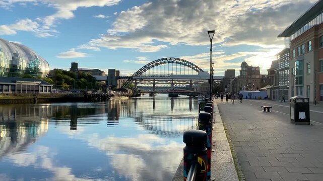 Tyne Bridge and River Tyne Quayside Promenade in Newcastle upon Tyne