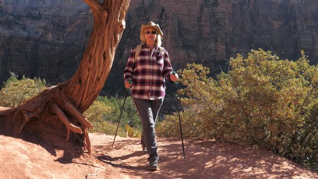 Active mature woman with backpack and trekking poles hiking on narrow dirt path in scenic rocky mountains, enjoying sunny weather and desert landscape during her outdoor adventure