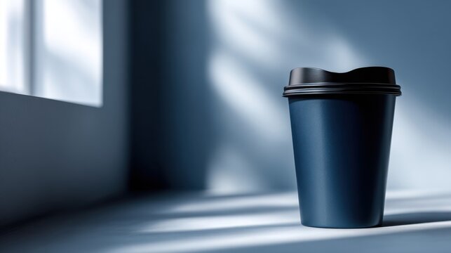 Dark blue disposable coffee cup with black lid casting shadows on a minimalist light blue surface by bright window sunlight