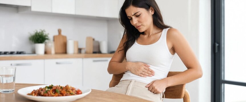 young brunette woman sitting at kitchen table and holding her stomach while suffering from bloating and abdominal discomfort after eating