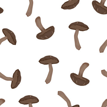 Shiitake Mushroom Seamless Pattern, Vector Illustration. Hand Drawn Shiitake Mushroom Background. Repeating Shiitake Mushroom Pattern for Food Packaging, Fabric, Wallpaper, Kitchen Textile