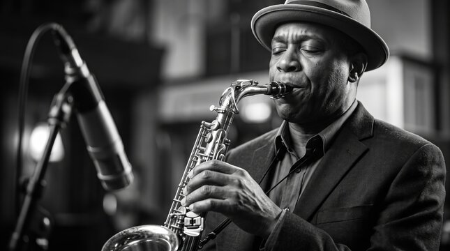 Saxophonist playing saxophone beside microphone in recording studio. Jazz performance and live music. Instrumental performance, improvisation and music recording. Black and white portrait.