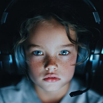 Young child with bright blue eyes and freckles focused intensely while wearing a high-tech gaming headset with microphone in a dark environment