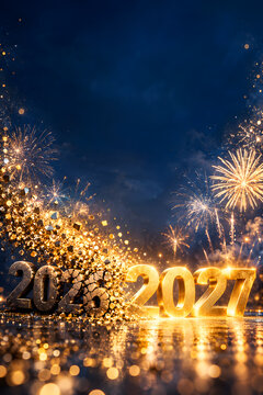 Photorealistic New Year 2027 background with 2026 dissolving into golden particles and luminous 2027, fireworks, dark blue sky and elegant festive atmosphere.