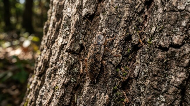 Cockroach insect camouflaged on tree bark in forest. Natural wildlife macro photograph