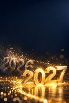 Luxurious 2027 New Year concept with glowing golden numerals emerging as 2026 fades into the background, sparkling particles, dark premium backdrop and generous copy space.