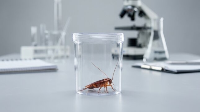 Cockroach in plastic specimen container for laboratory research. Scientific pest study