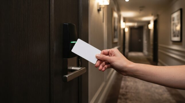 Guest opening a modern hotel room door with a key card. Electronic access control system in a corridor
