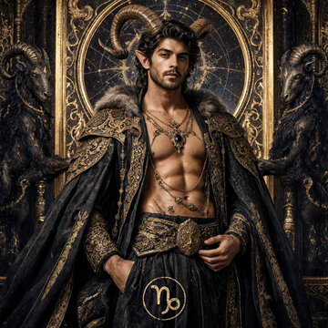 Capricorn Zodiac King: Majestic Horned God in Ornate Dark Armor with Celestial Throne

