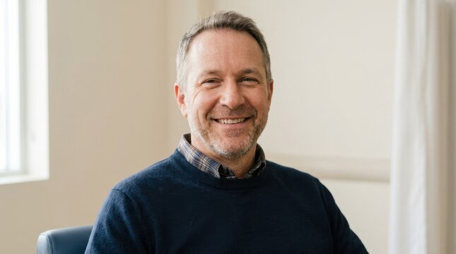 Smiling middle-aged male patient in a clinic setting. Happy Caucasian man with short graying hair wearing a dark sweater