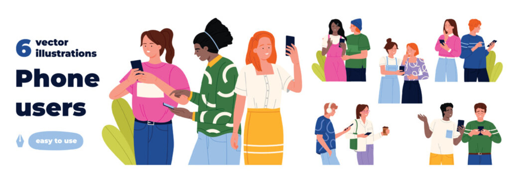 Collection of six modern characters looking at mobile phones, texting or browsing in casual poses. Flat cartoon people with diverse appearances arranged in a clean composition vector illustration