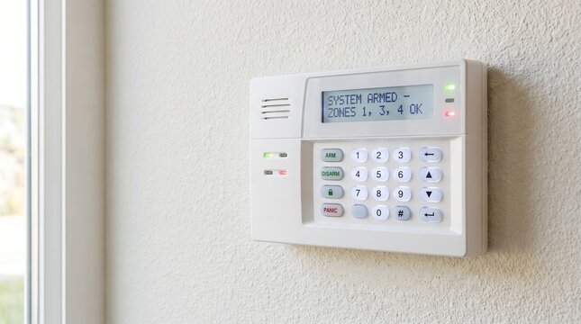 Wall-mounted security alarm keypad displaying armed system status. Home intrusion detection and burglary prevention. Residential alarm system technology. Access control and property safety.
