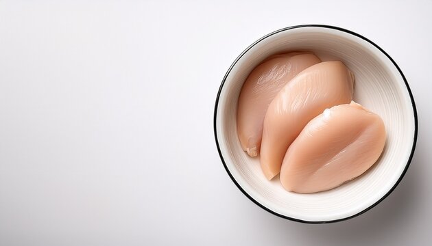 diet food chicken breast in white bowl top view white background right space for text caption