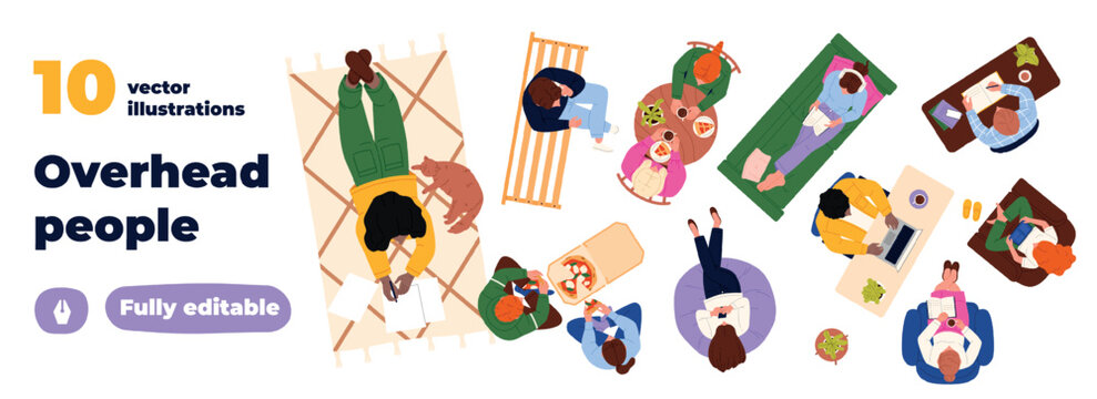 Top view collection of people reading, working, resting, using laptop, sketching, drinking coffee, sitting on chairs or rugs with a pet in flat style vector illustration