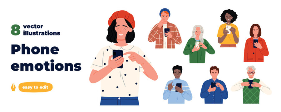 Set of diverse people holding smartphones with varied facial expressions, including smiling, surprise, concern, focus, and calm reactions in a flat character collection isolated on white.