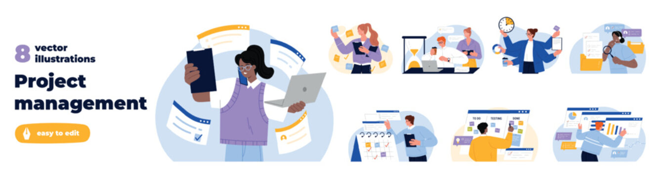 Collection of project management scenes with professionals planning tasks, reviewing schedules, presenting reports, tracking progress, using laptops, charts, calendars and sticky notes in flat vector.