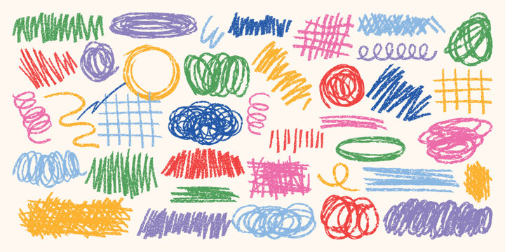 Collection of colorful pencil lines, scribbles, circles, grids, swirls, rough strokes, hand drawn abstract doodle elements, isolated on white background vector illustration