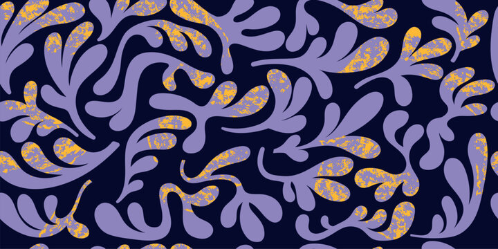 Seamless pattern with purple organic leaflike shapes, abstract curved forms, grunge texture on dark background, modern decorative repeat, bold botanical ornament, trendy surface design vector