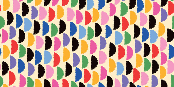 Seamless retro pattern with colorful semicircles, bold geometric repeat, hand drawn grunge texture, playful abstract shapes, modern wallpaper, textile surface background, vector illustration