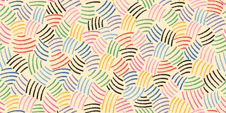 Seamless retro pattern, colorful wavy scribble lines, curved brush strokes, abstract geometric texture, playful hand drawn repeat, pastel grunge marks on cream background vector illustration