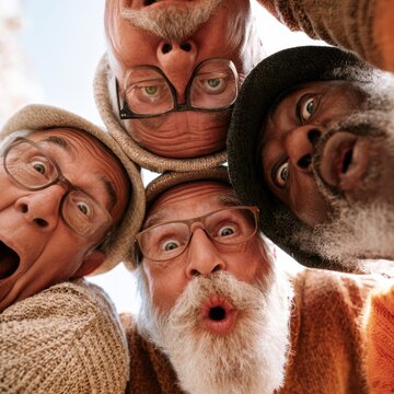 Four elderly men with expressive surprised faces wearing warm hats and glasses looking down at the camera in a bright outdoor setting