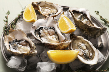 Fine dining and luxury seafood, fresh raw oysters on ice with lemon wedges for gourmet catering and restaurant menu presentation © Pixel-Shot