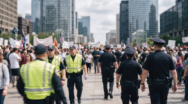 Blurred photo of police officers monitoring a public demonstration in a city, representing civic safety and crowd management
