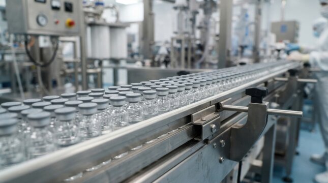 Rows of sterile glass vials with rubber stoppers moving along a stainless steel conveyor in a pharmaceutical cleanroom production line.
